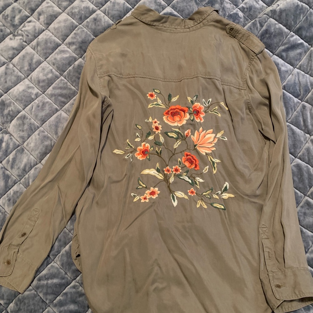 Olive green button down with floral flowers on back